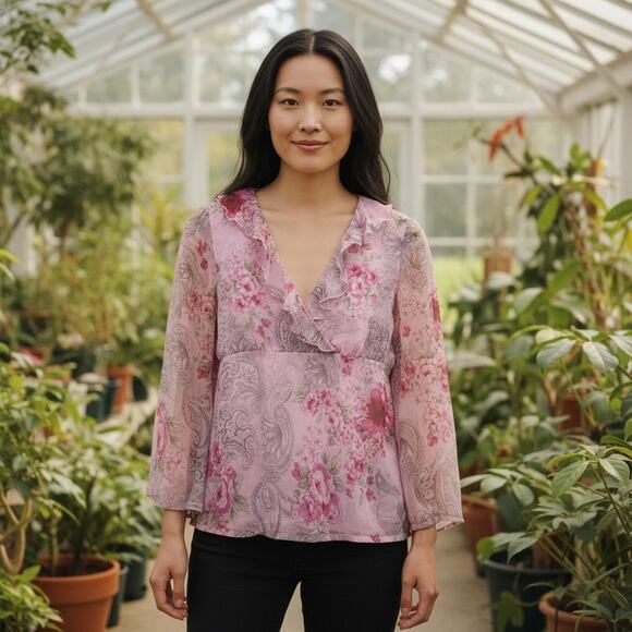 Vintage Y2K 2000s Worthington Ruffle Flower Floral Ruffle Silk Blouse Top Medium - Picture 1 of 8